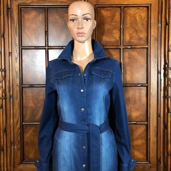 NWOT G.I.L.I. Mid Wash Stretch Cotton Denim Snap Front Belted Shirtdress - Picture 6 of 16